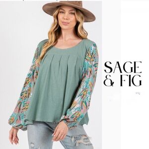 Sage & Fig Women's Green Blouse with Patterned Sleeves
